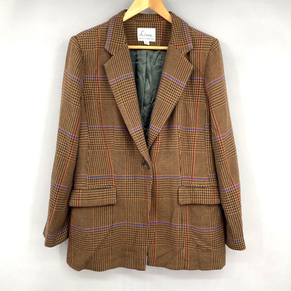 Linea by Louis Dell'Olio Blazer Women 14 Brown Plaid Glen Check Houndstooth vtg